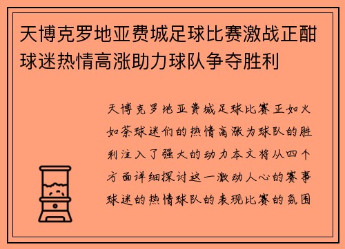 天博克罗地亚费城足球比赛激战正酣球迷热情高涨助力球队争夺胜利
