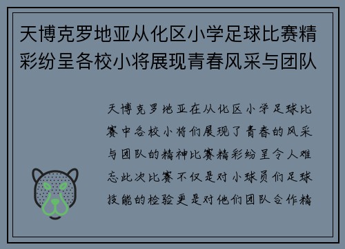 天博克罗地亚从化区小学足球比赛精彩纷呈各校小将展现青春风采与团队精神