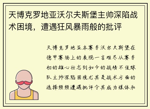 天博克罗地亚沃尔夫斯堡主帅深陷战术困境，遭遇狂风暴雨般的批评
