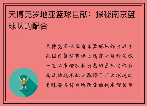 天博克罗地亚篮球巨献：探秘南京篮球队的配合